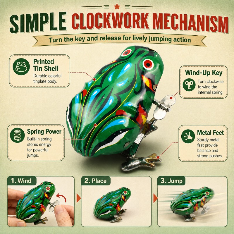 Vintage Collectible Tins - Katak Kaleng Mekanis Putar dengan Pegas